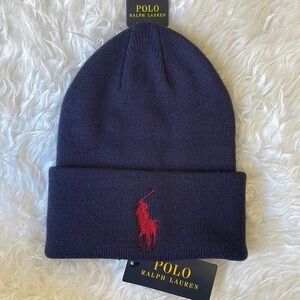Brand New Polo Ralph Lauren Navy Blue Knit Cuff Beanie Hat Embroidered Big Pony